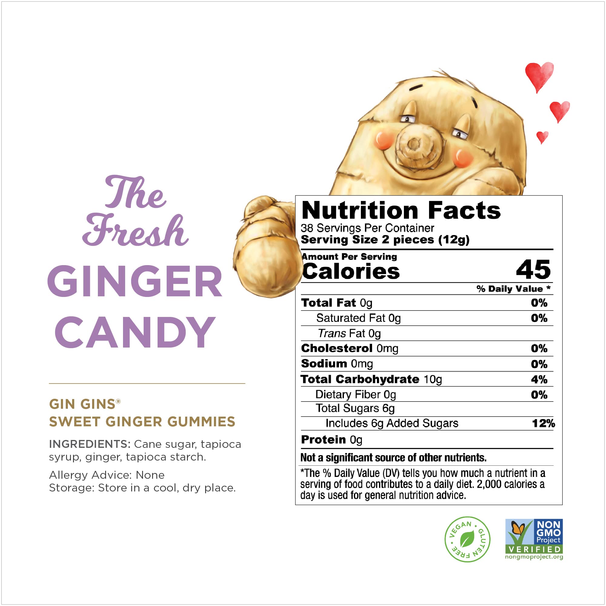 The Ginger People ingredients label with fresh ginger emphasizing real ginger content
