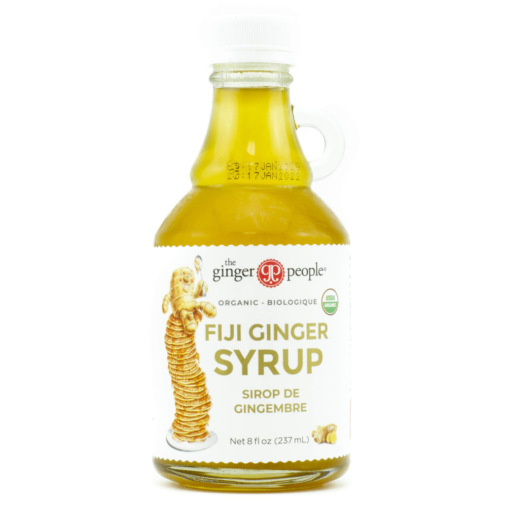 The Ginger People bottle front view showing label and serving suggestion benefit