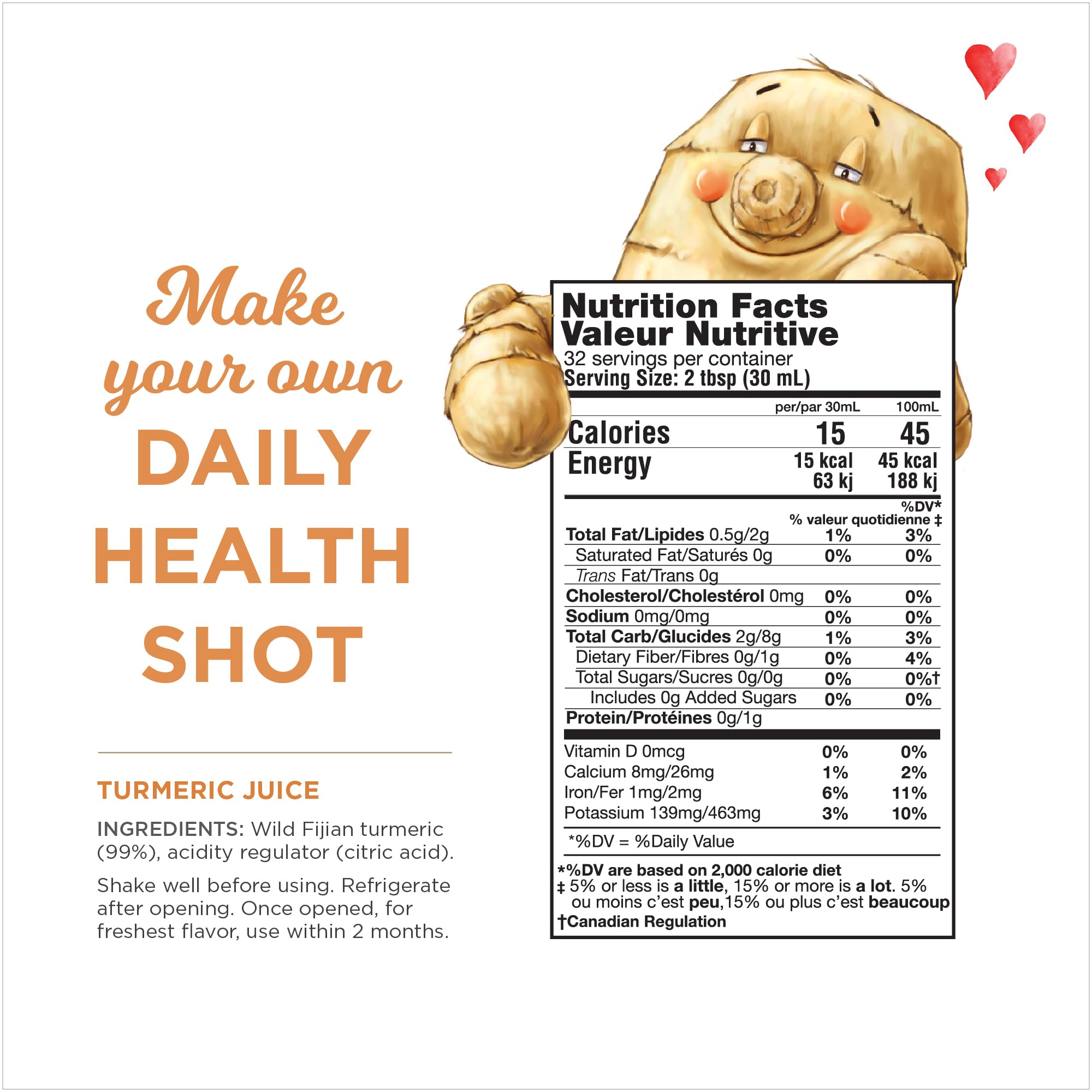 Bottle next to measuring ounce cup for clear The Ginger People serving size guidance