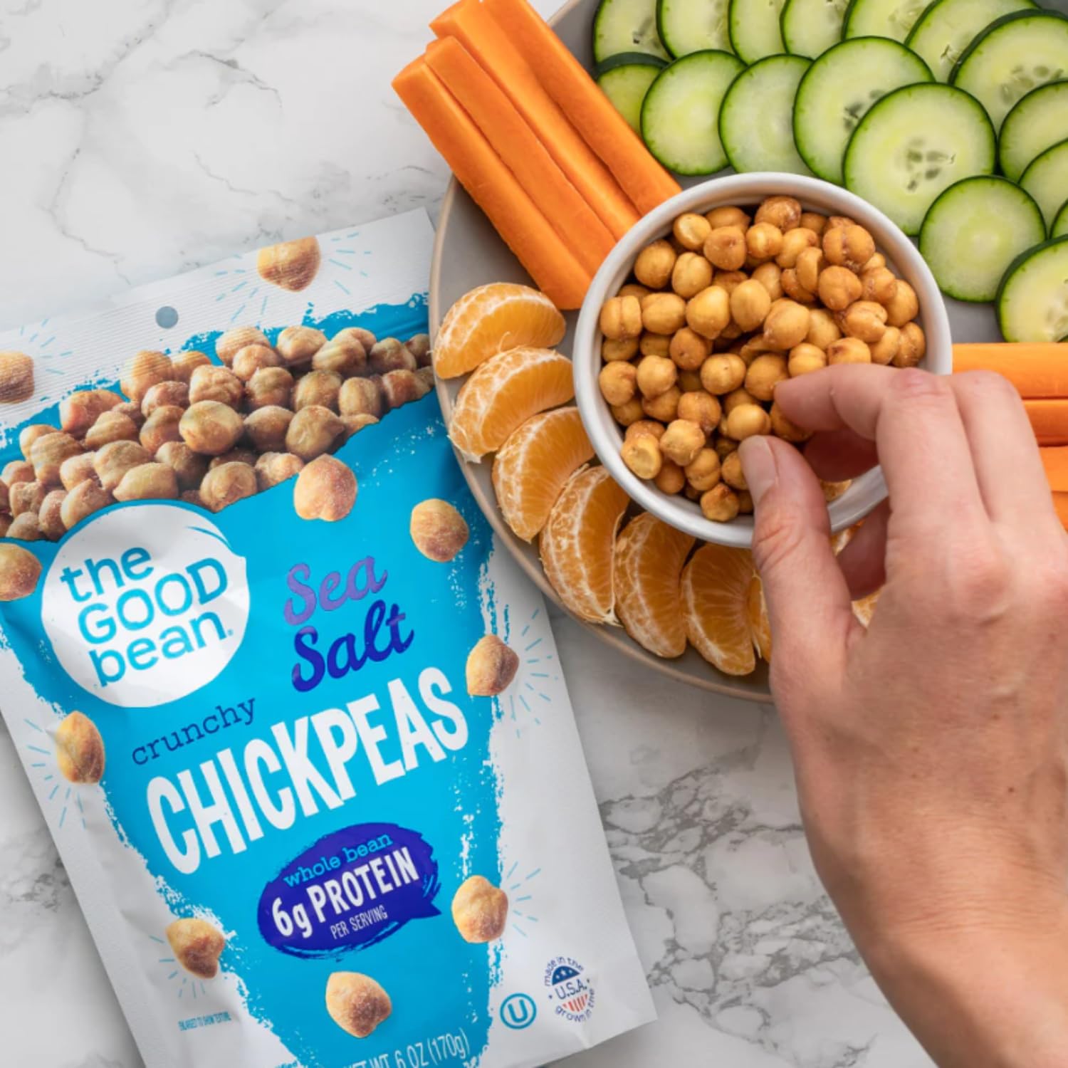 The Good Bean chickpeas sprinkled on salad adding crunchy topping and protein