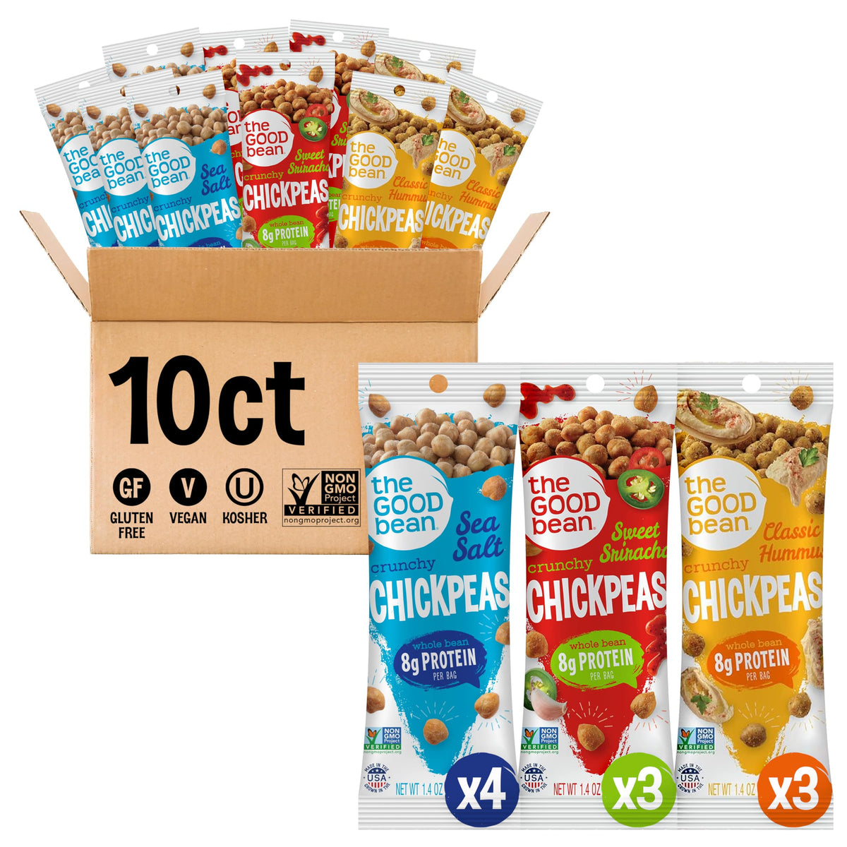 The Good Bean front packaging variety pack showing three flavors and convenience