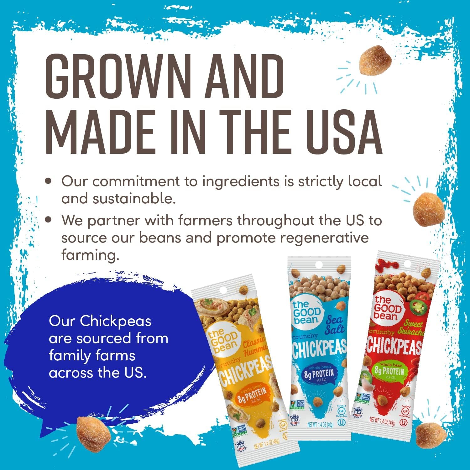 The Good Bean opened packet in hand displaying portion size and portability benefit