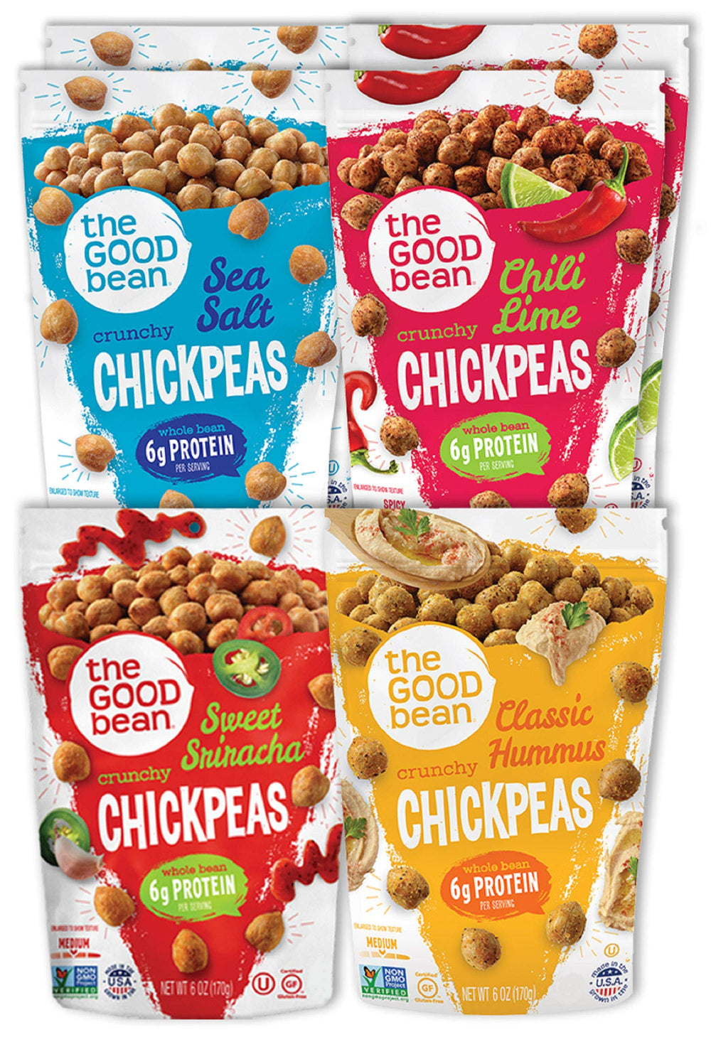 The Good Bean front packaging showing six 6 oz bags and variety benefits