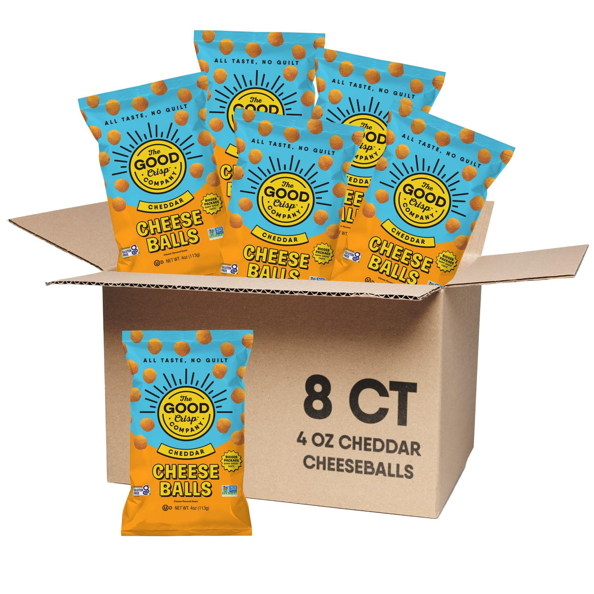 The Good Crisp Company front packaging showing eight 4 oz bags and appeal