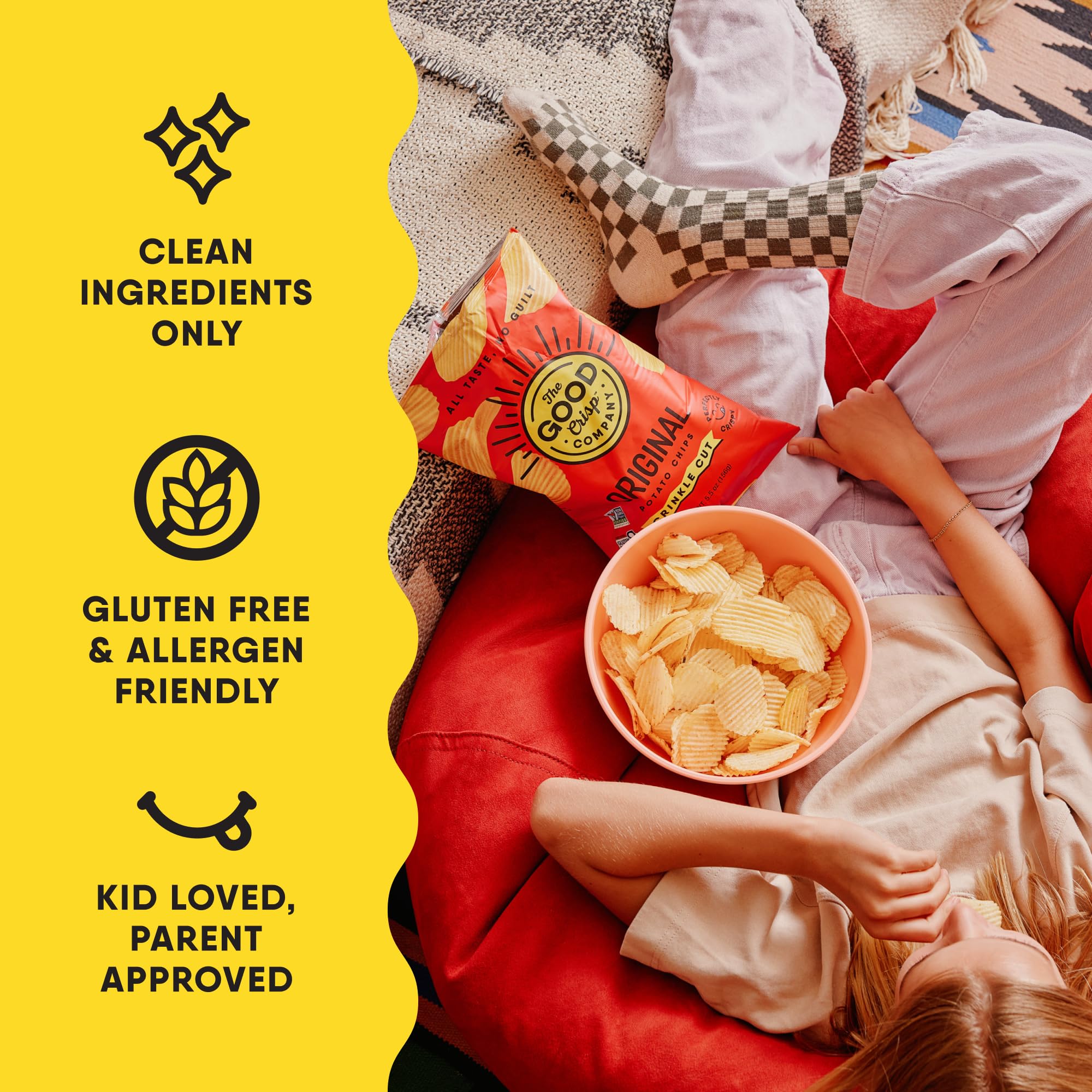 The Good Crisp Company Original bag close-up showing crinkle texture and clean ingredients
