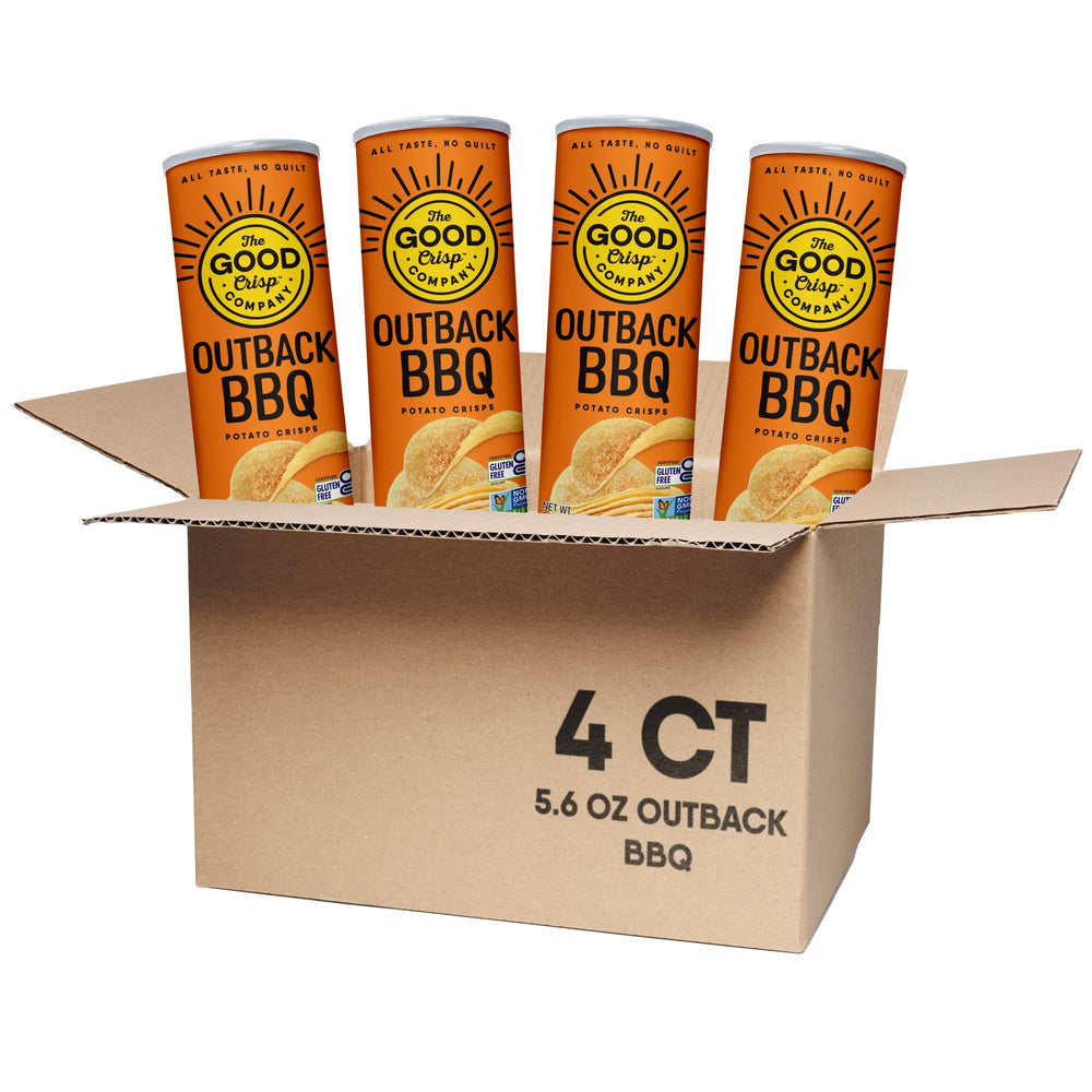The Good Crisp Company front can showing Outback BBQ flavor and resealable lid for freshness