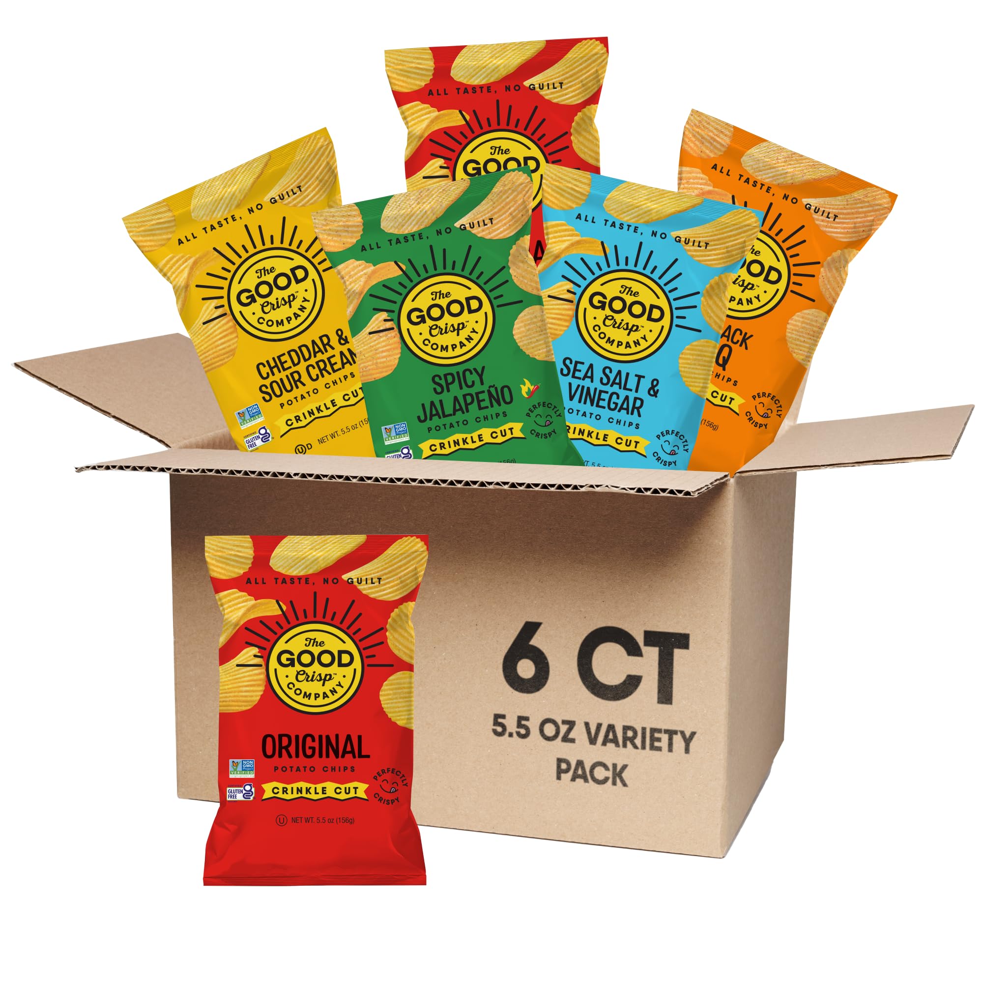 The Good Crisp Company variety pack front view showcasing six 5.5 oz bags and flavor mix