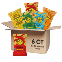 The Good Crisp Company variety pack front view showcasing six 5.5 oz bags and flavor mix