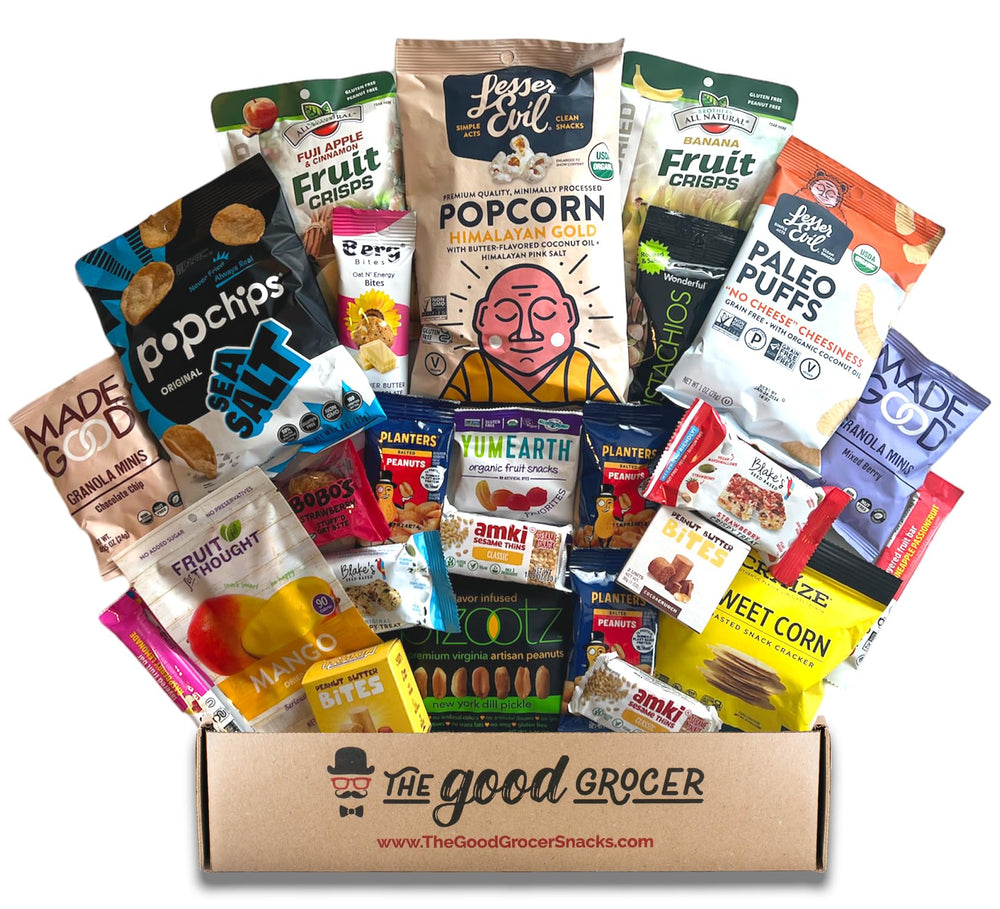 The Good Grocer front packaging showing assorted snacks and recyclable box with gift appeal