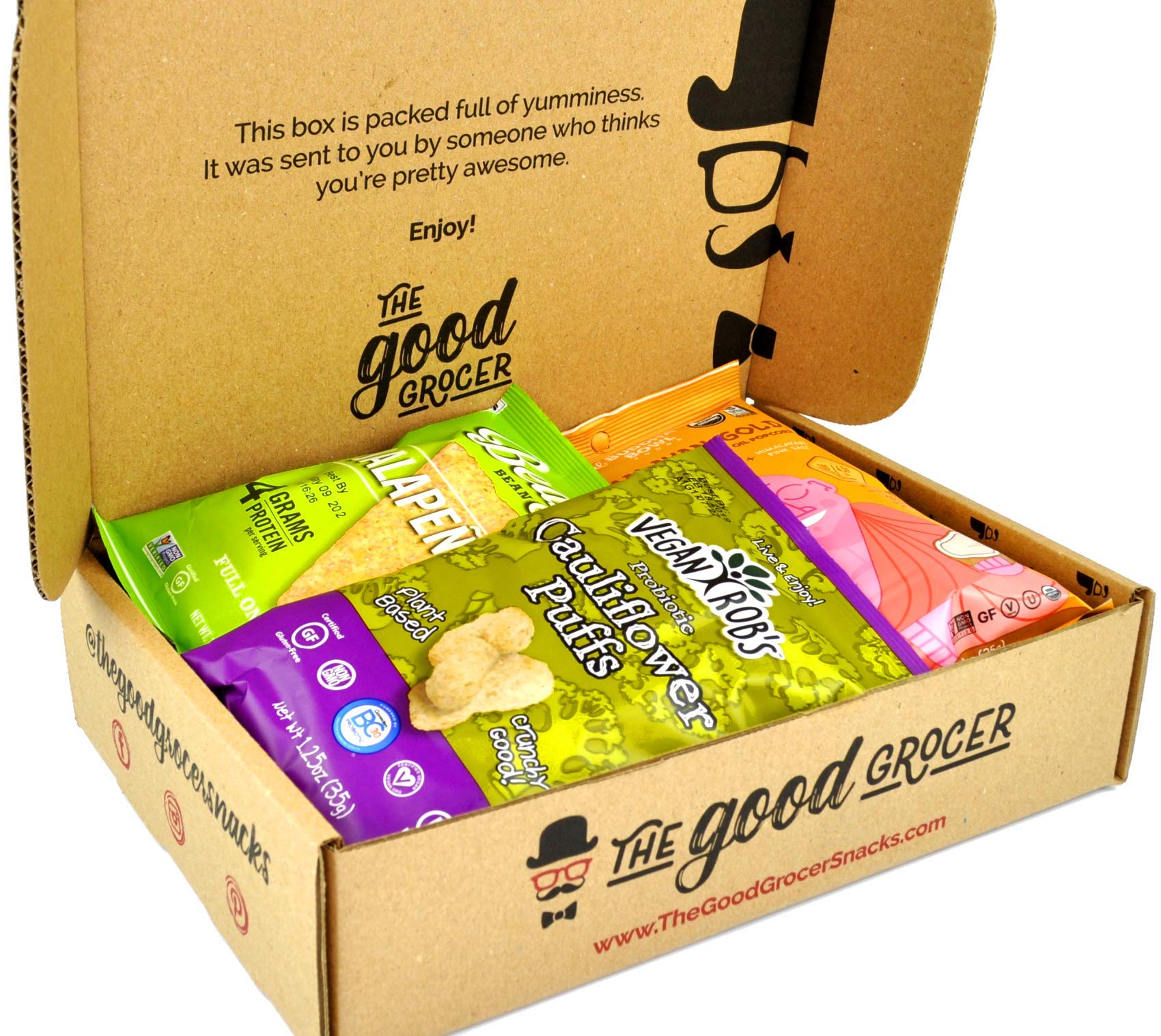 The Good Grocer open box with 20 individually wrapped vegan snacks organized neatly