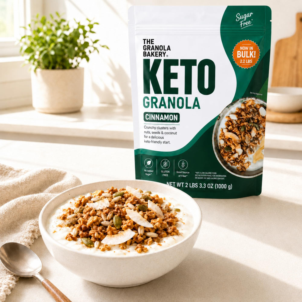 THE GRANOLA BAKERY poured over yogurt to show low-carb cereal topping benefit