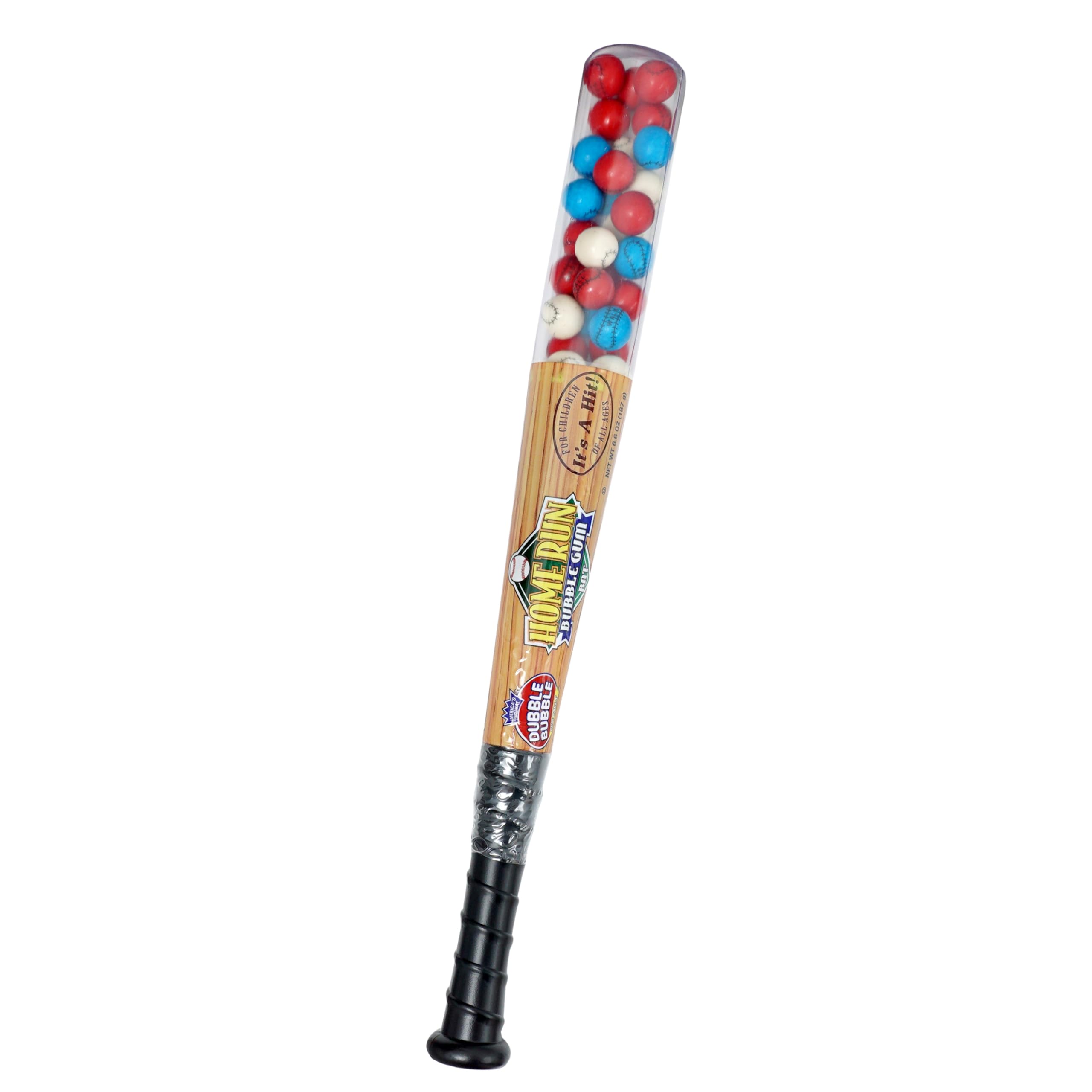 THE HAMPTON CANDY COMPANY front view of baseball bat container showing colorful gumballs and festive display benefit