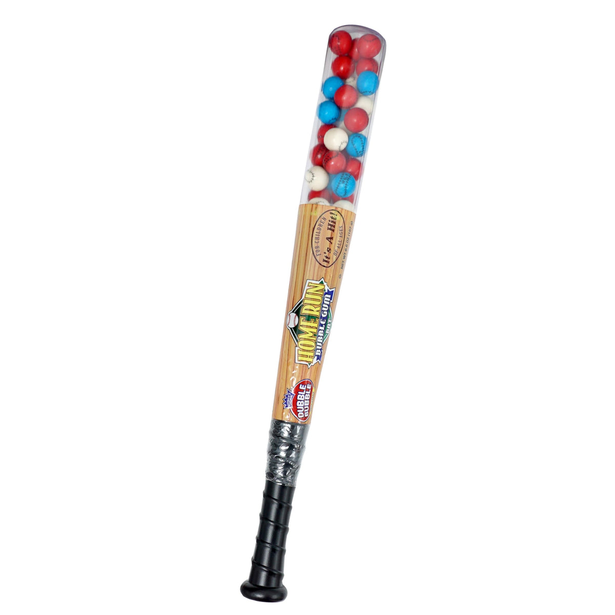 THE HAMPTON CANDY COMPANY front view of baseball bat container showing colorful gumballs and festive display benefit