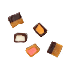 THE HAMPTON CANDY COMPANY unwrapped caramel cubes displayed to show flavor variety and fillings