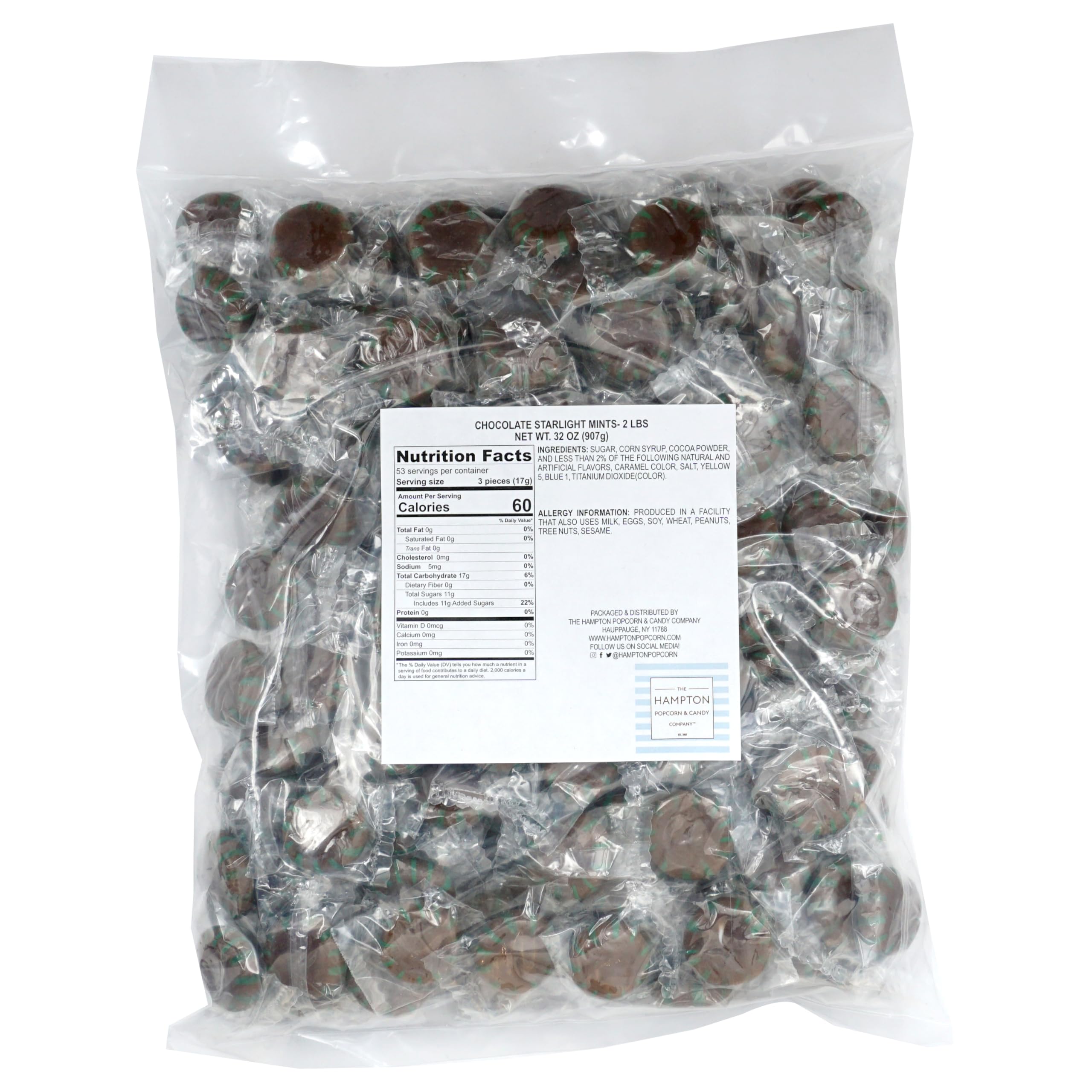 THE HAMPTON CANDY COMPANY close-up of unwrapped mint revealing chocolate center benefit