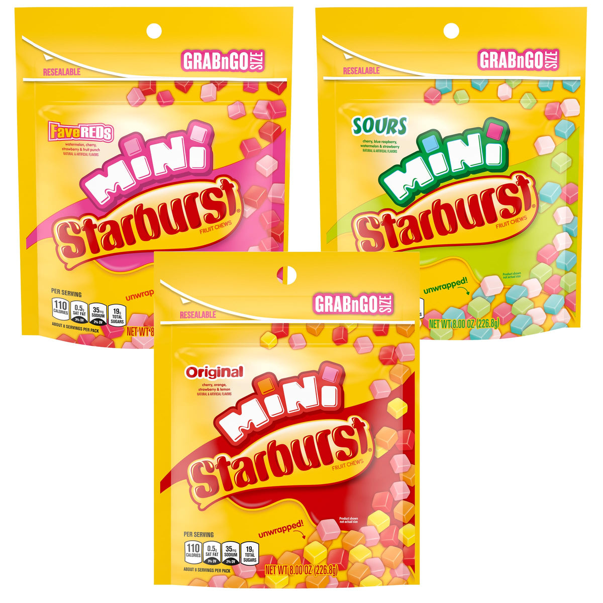 the hampton candy company front pouch showing three 8-ounce bags and easy reseal benefit