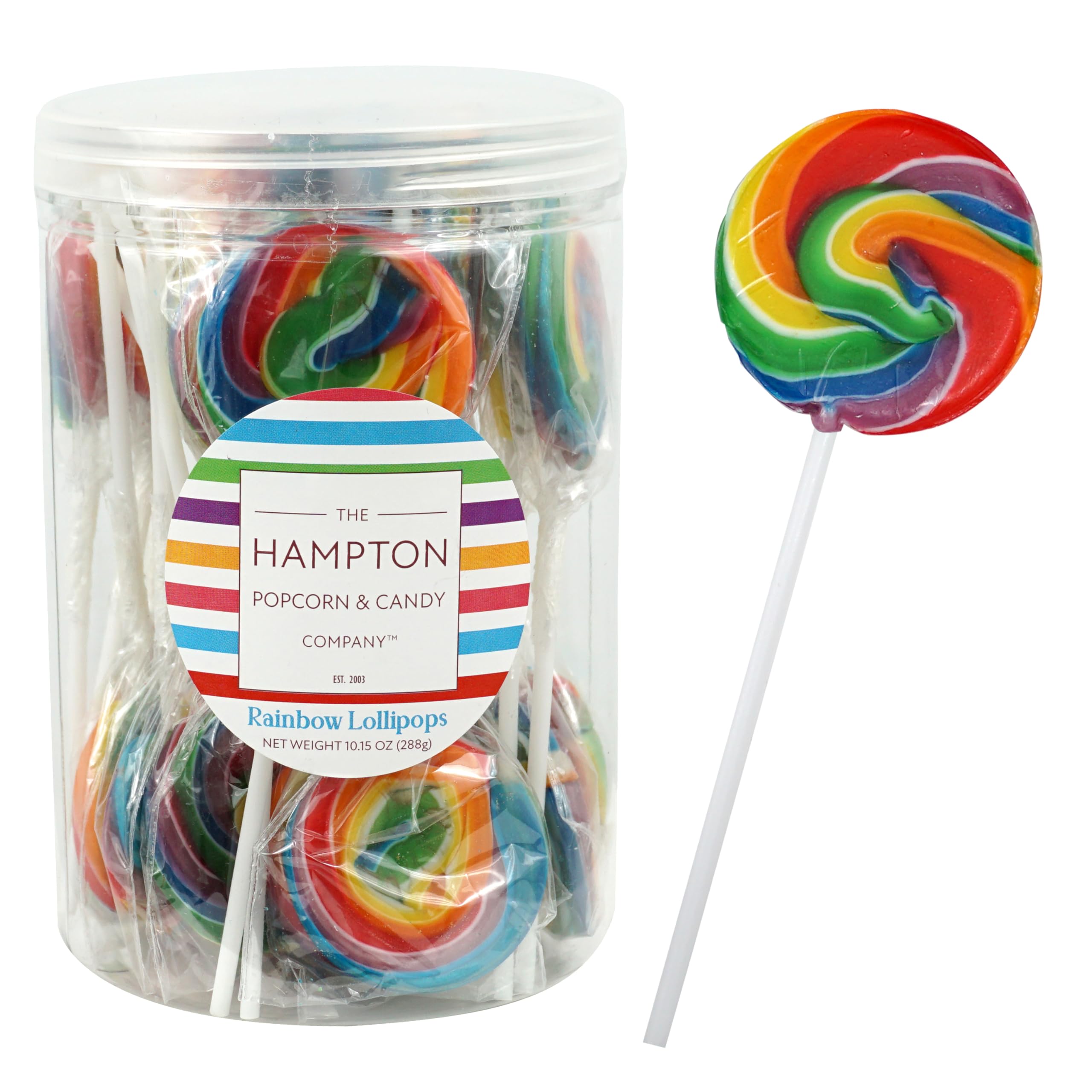 THE HAMPTON CANDY COMPANY front-packaging shows colorful rainbow lollipops for parties