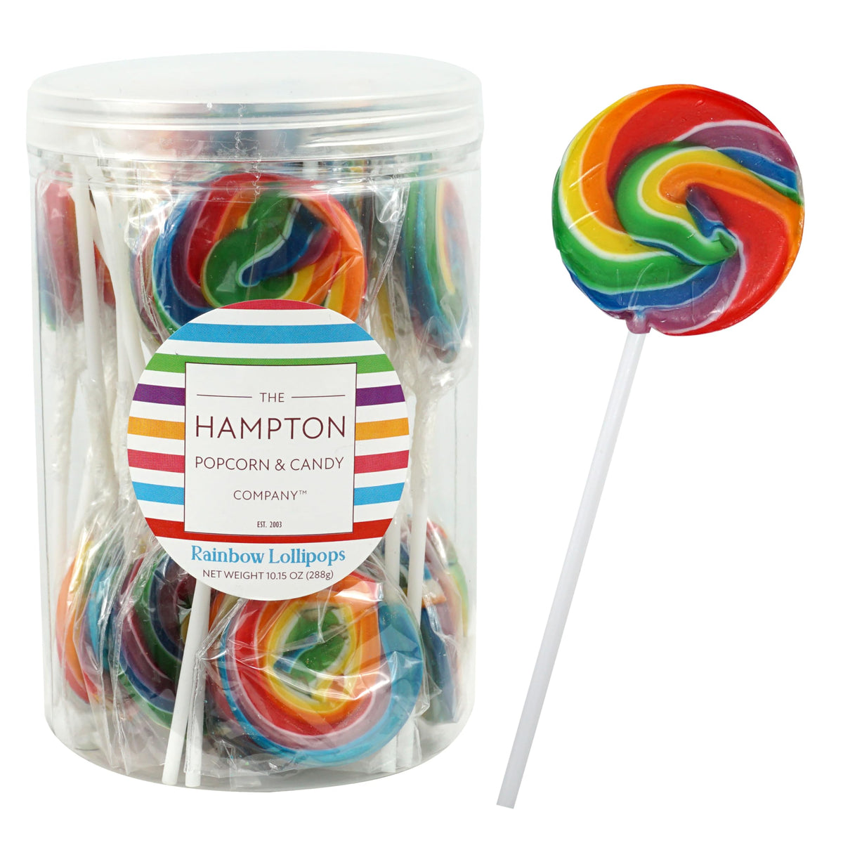 THE HAMPTON CANDY COMPANY front-packaging shows colorful rainbow lollipops for parties
