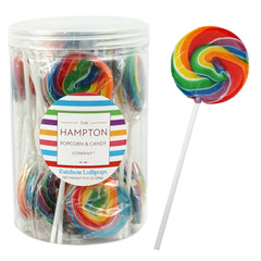 THE HAMPTON CANDY COMPANY front-packaging shows colorful rainbow lollipops for parties
