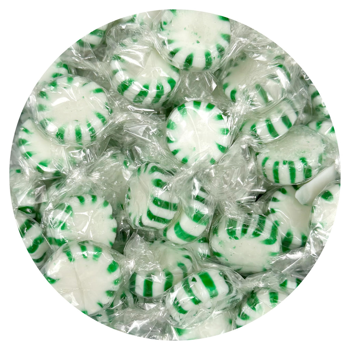 THE HAMPTON CANDY COMPANY front bag showing green spearmint mints and branding benefit freshness