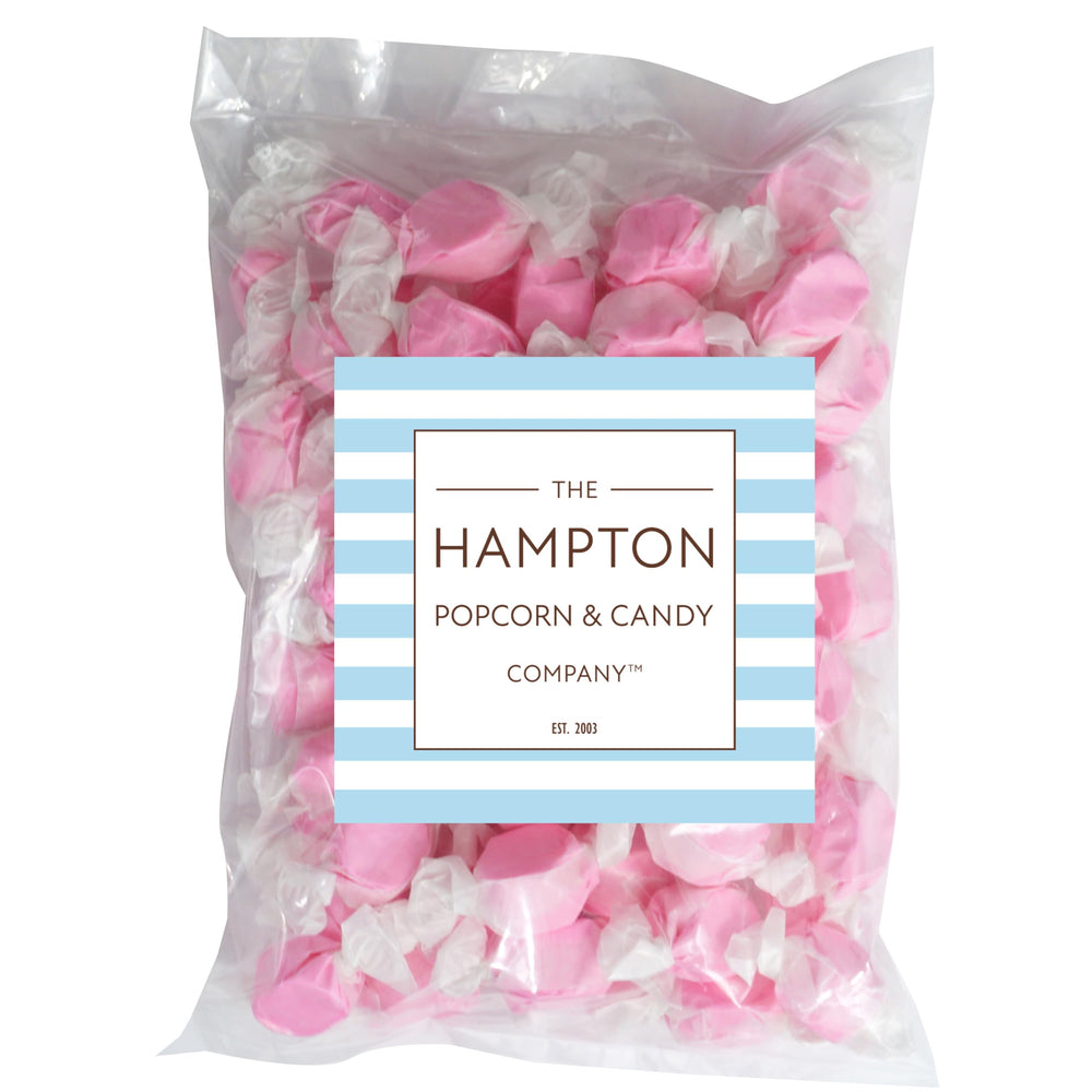 Close-up of individually wrapped strawberry taffy by The Hampton Candy Company for easy sharing