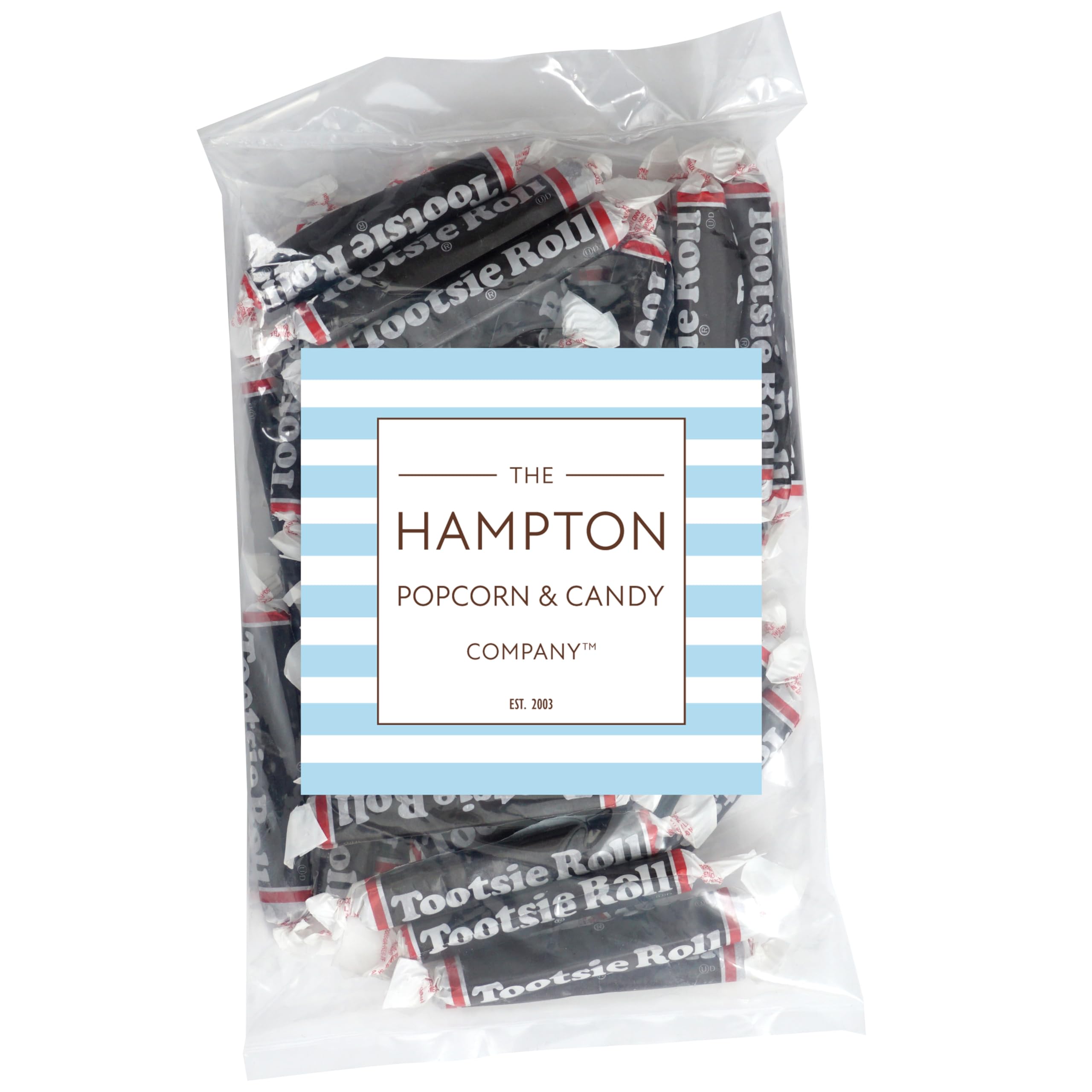 THE HAMPTON CANDY COMPANY close-up of a single large Tootsie Roll texture and wrapper freshness