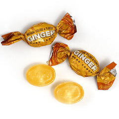 THE HAMPTON CANDY COMPANY close view of hard ginger candy surface and color, highlights slow dissolving texture