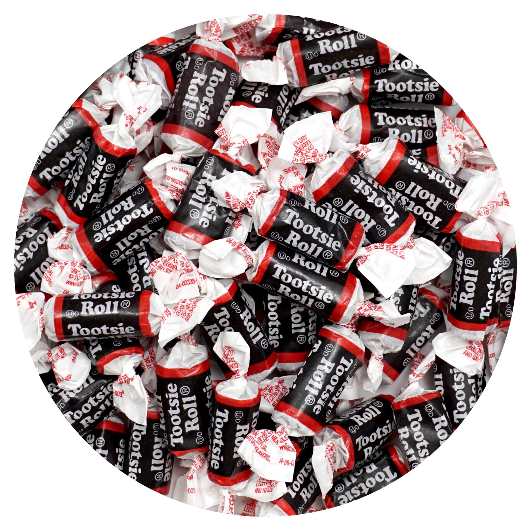 The Hampton Popcorn branded front bag showing 2 lb Tootsie Roll Midgees and product details, convenient bulk storage