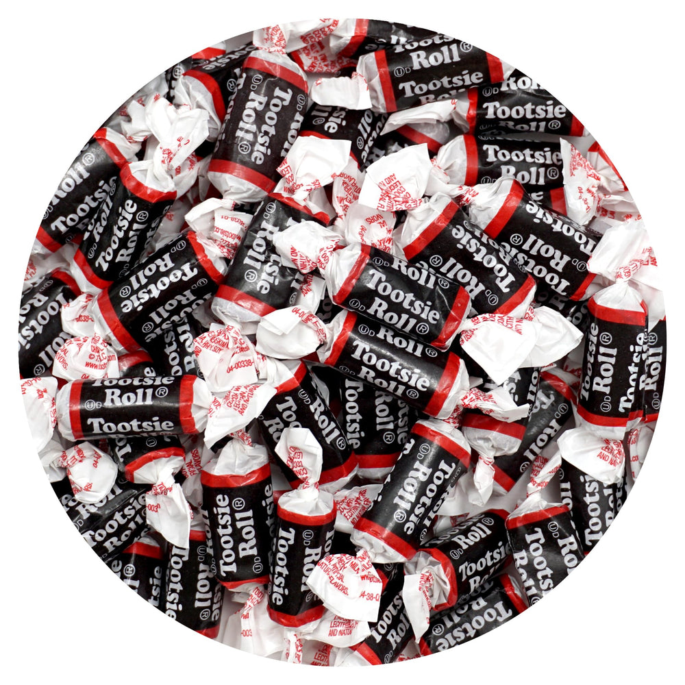 The Hampton Popcorn branded front bag showing 2 lb Tootsie Roll Midgees and product details, convenient bulk storage