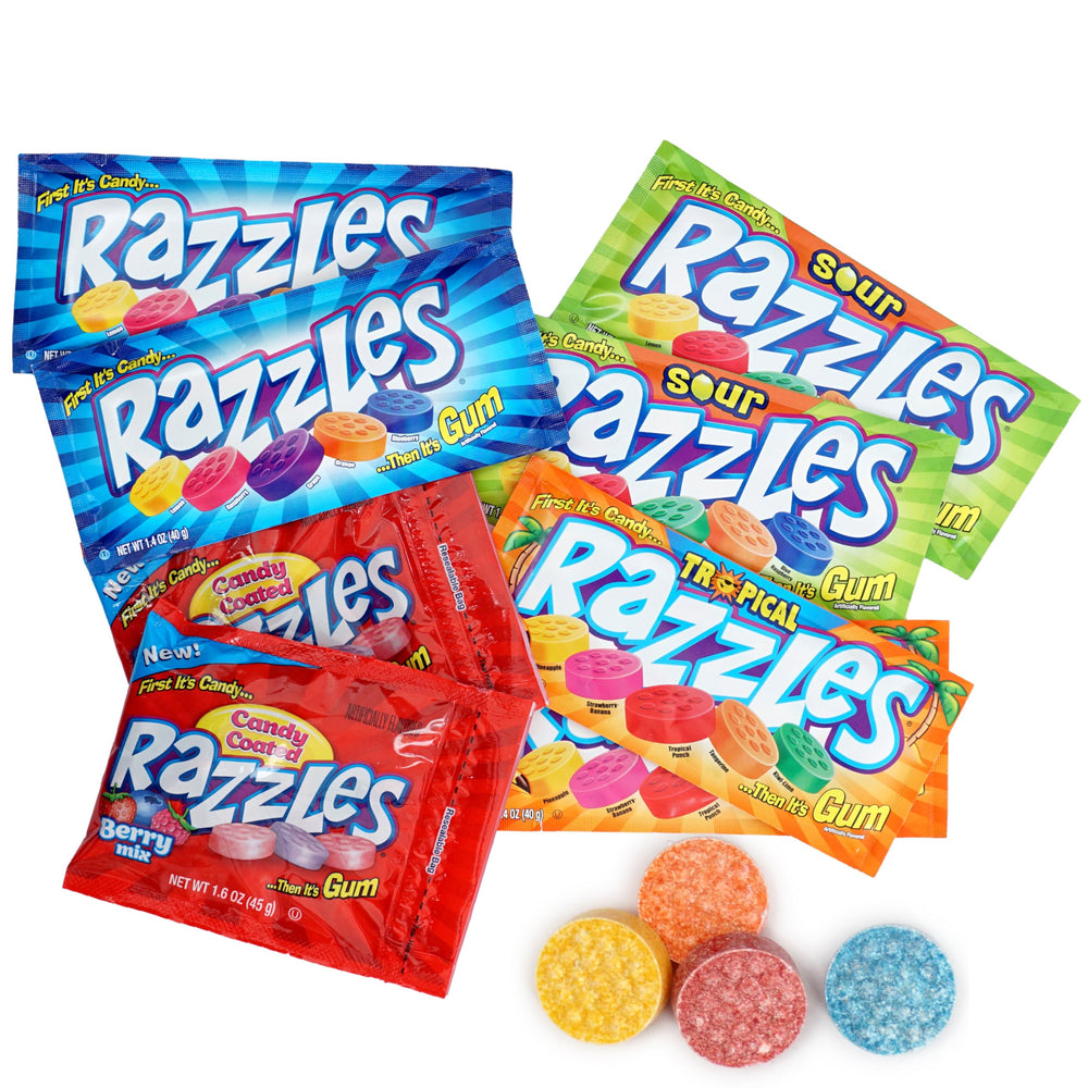 THE HAMPTON CANDY COMPANY Razzles close-up of candy-to-gum texture and colorful pieces