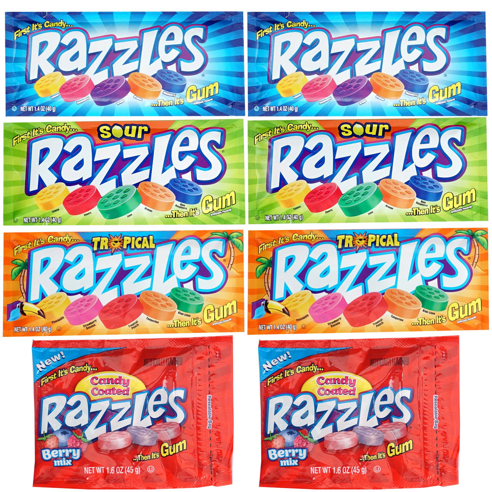 THE HAMPTON CANDY COMPANY Razzles front packaging shows variety and grab-and-go convenience