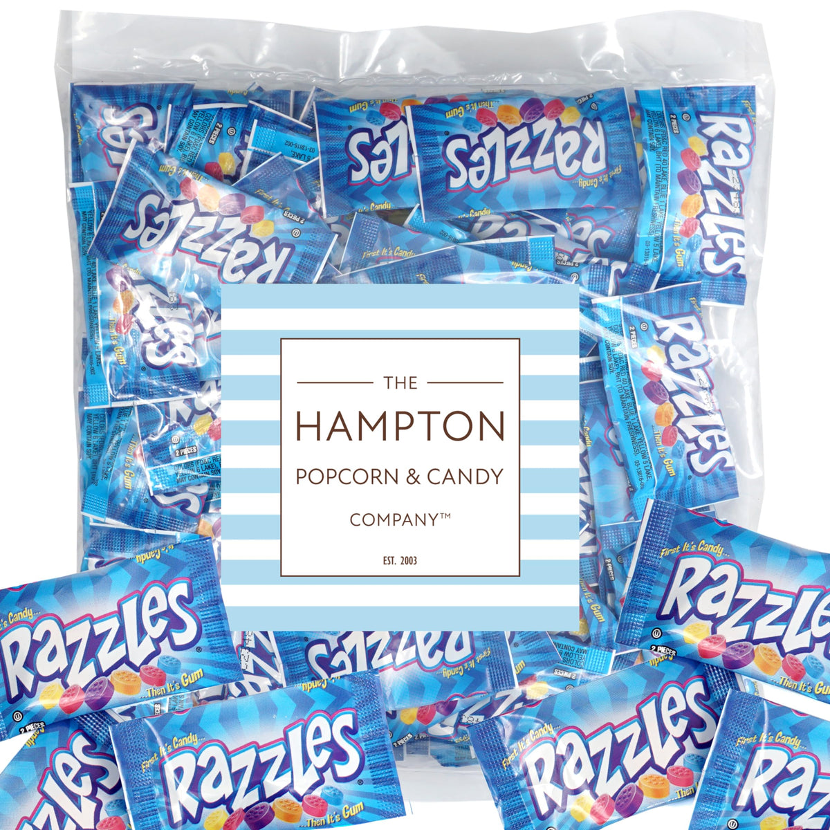 THE HAMPTON CANDY COMPANY front pack view showing Razzles two-per-pack convenience