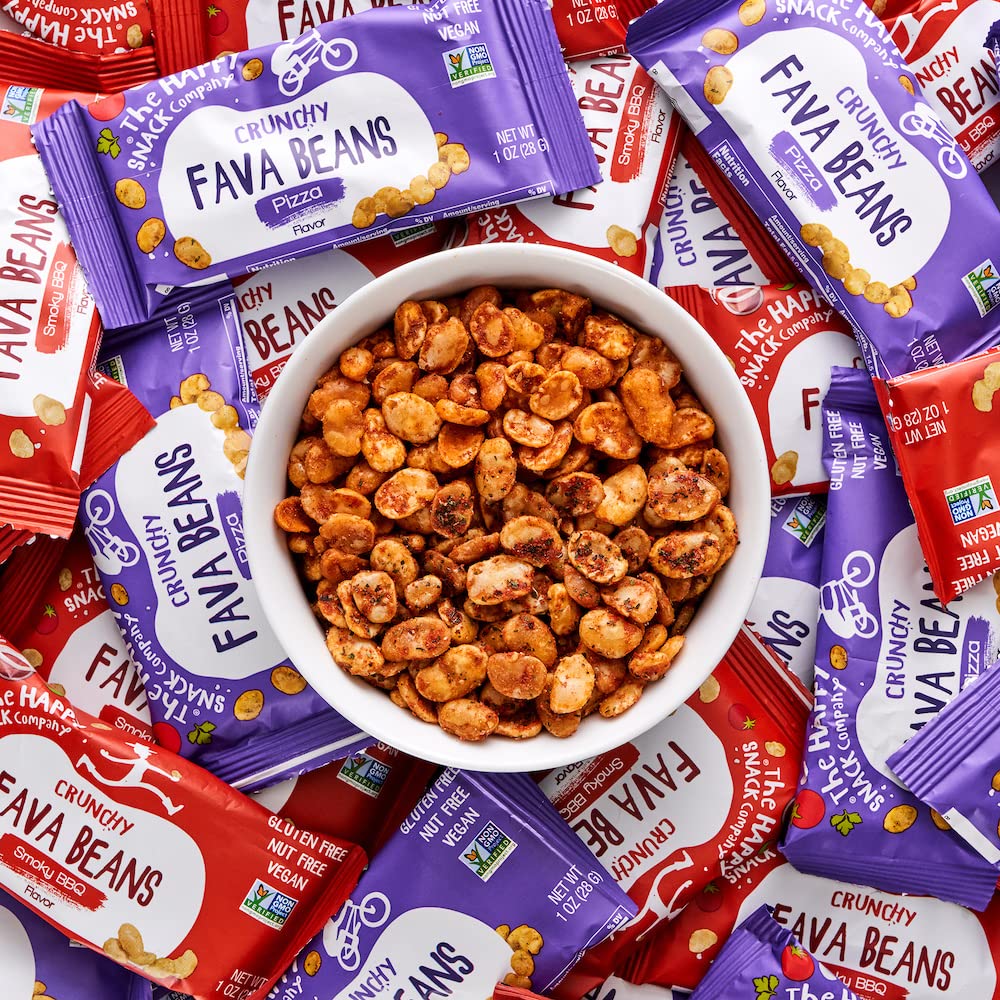 The Happy Snack Company Smoky BBQ and Pizza bags side-by-side showing flavor variety