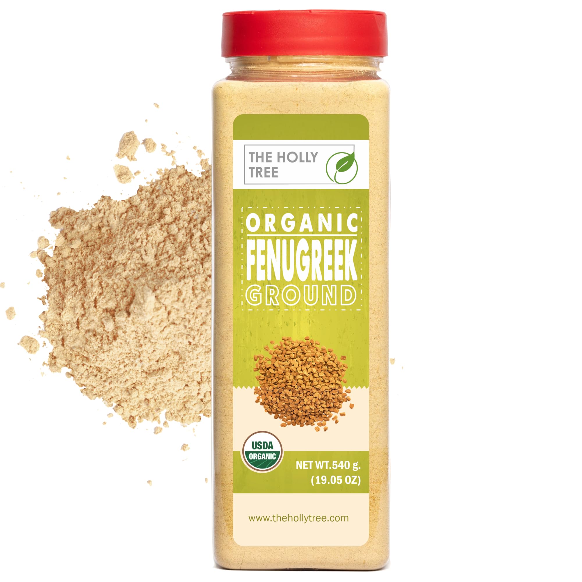 THE HOLLY TREE front packaging of 19.05 oz fenugreek powder, clear label benefit freshness