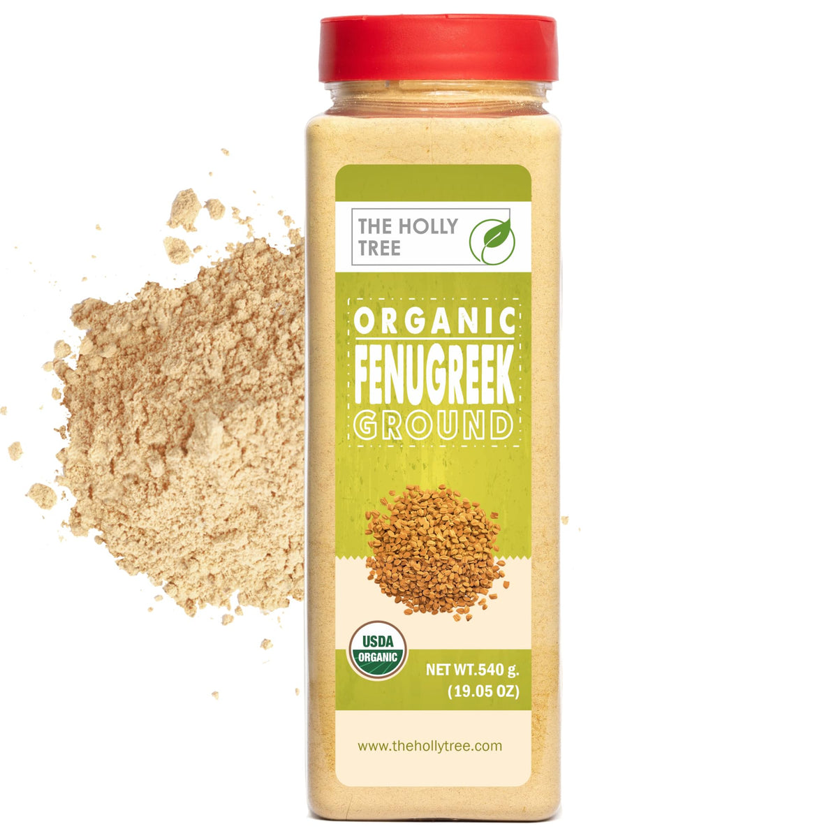 THE HOLLY TREE front packaging of 19.05 oz fenugreek powder, clear label benefit freshness