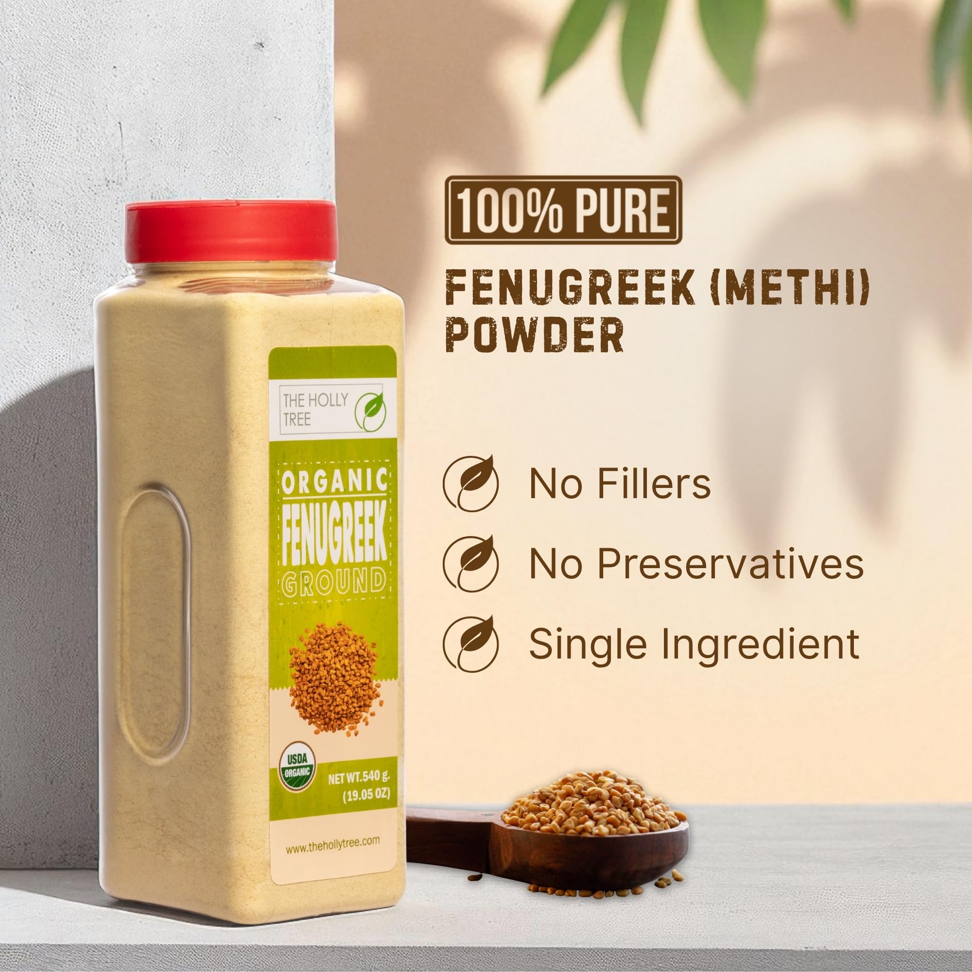 THE HOLLY TREE close-up texture of organic fenugreek powder, shows fine grind for easy mixing