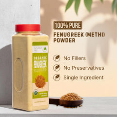 THE HOLLY TREE close-up texture of organic fenugreek powder, shows fine grind for easy mixing