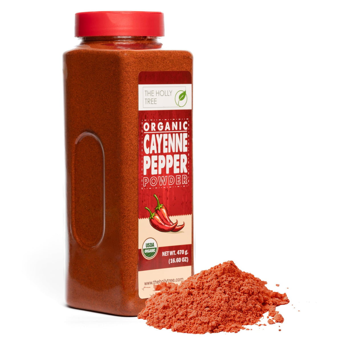 THE HOLLY TREE front label showing organic cayenne and certifications, clear product info benefit
