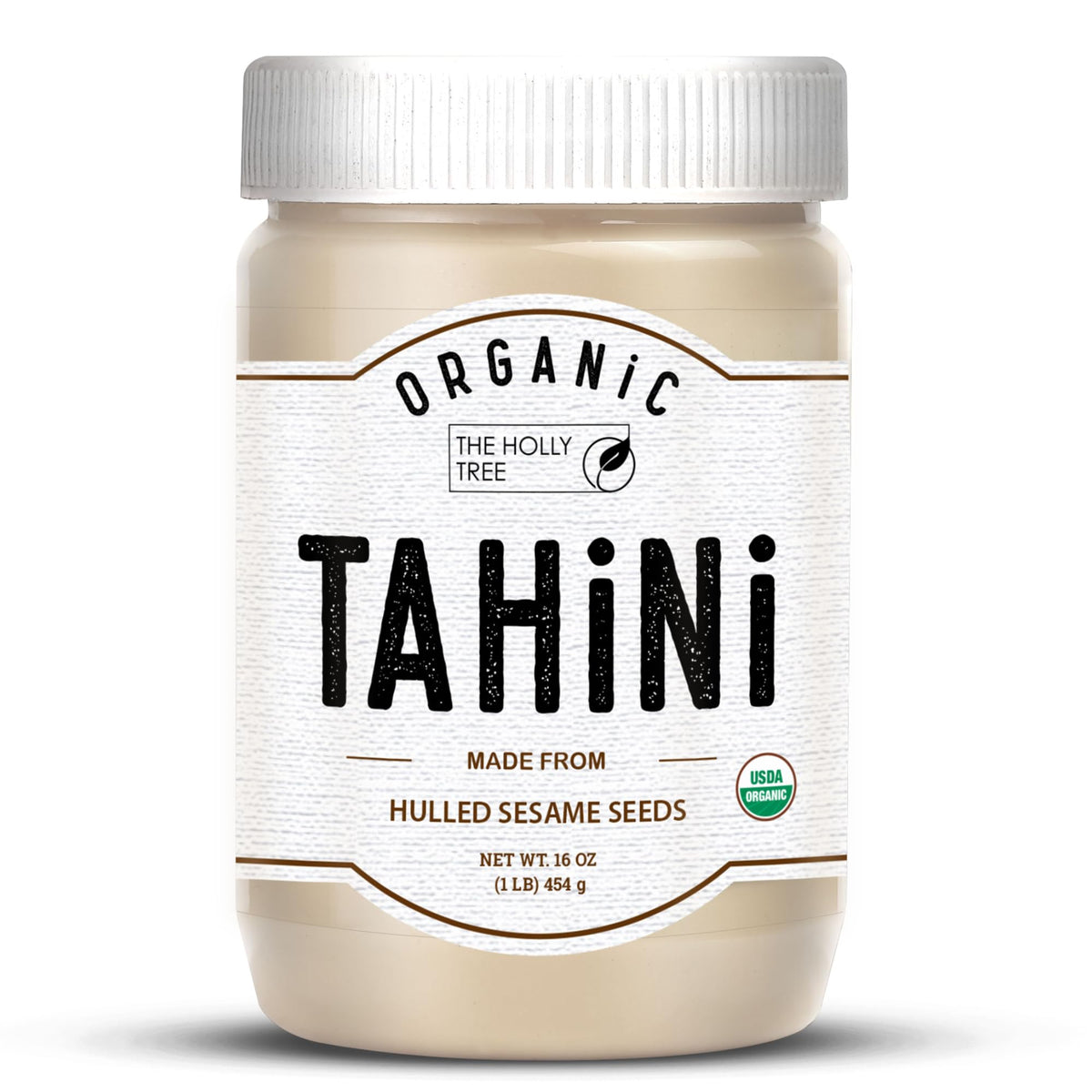 The Holly Tree tahini front jar showing organic label and clean packaging benefit