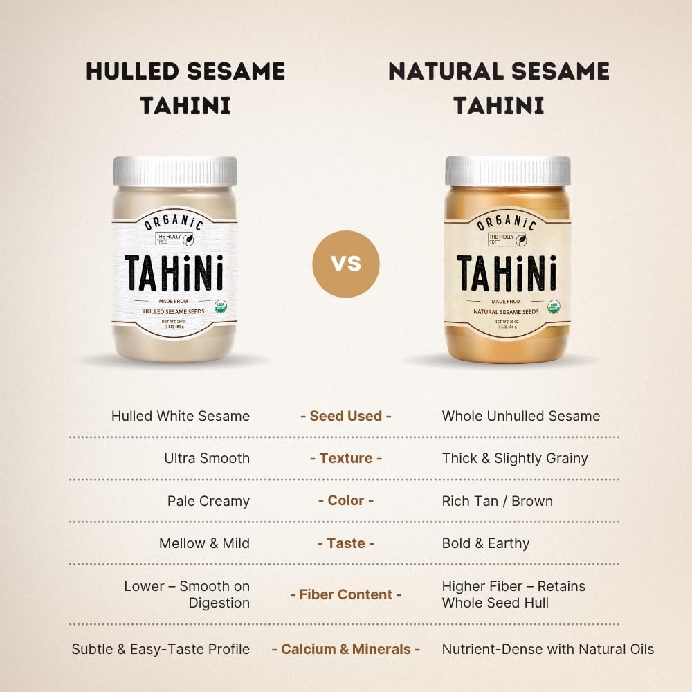 Label close-up on The Holly Tree tahini showing USDA Organic and kosher credentials