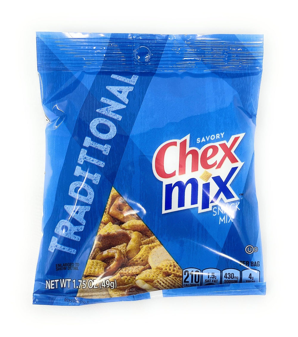 Open bag close-up of Chex Mix pieces, The Holy South crisp texture visible