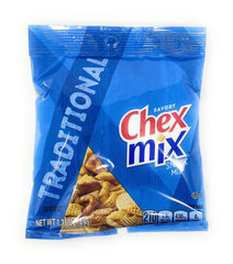 Open bag close-up of Chex Mix pieces, The Holy South crisp texture visible