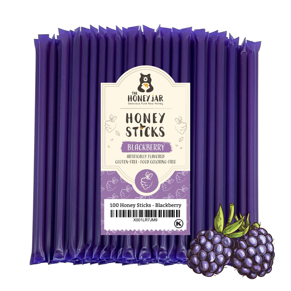 The Honey Jar front packaging of blackberry honey sticks showing count and label for easy storage