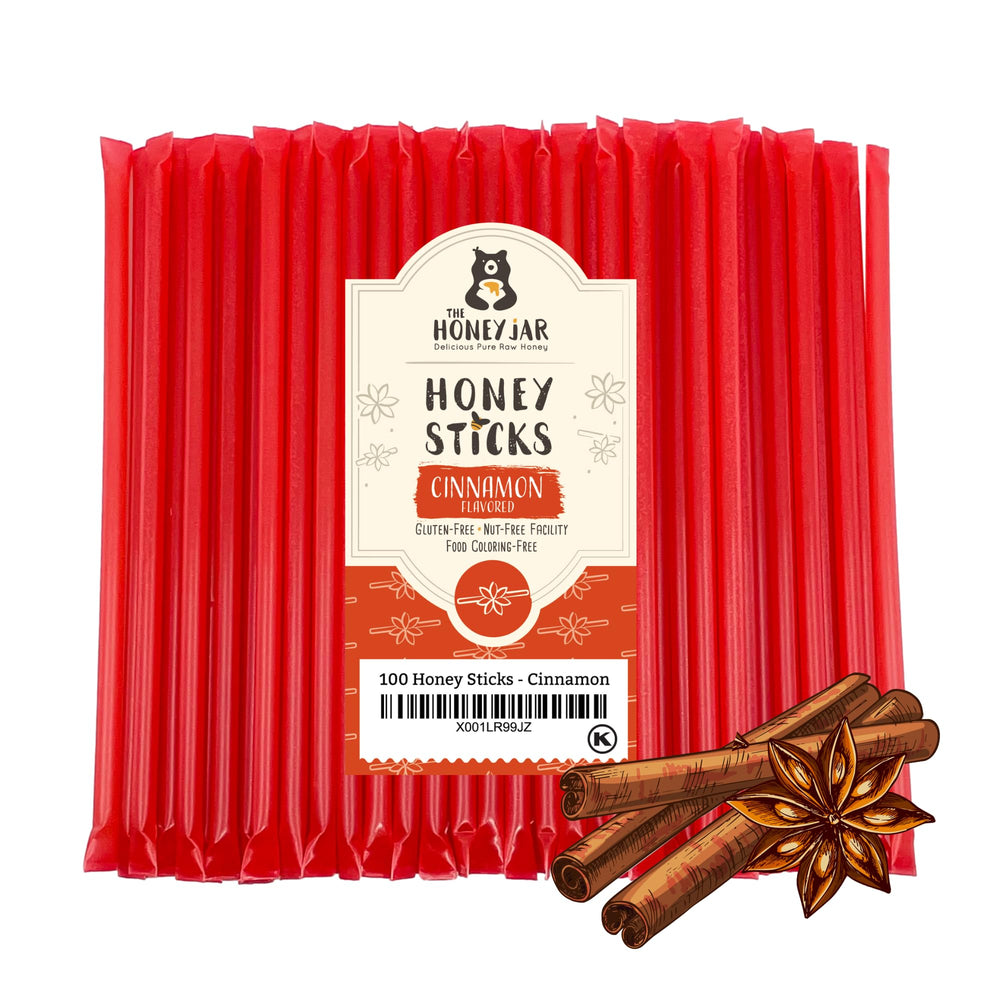 The Honey Jar front package showing 100 cinnamon honey sticks for convenient sweetness