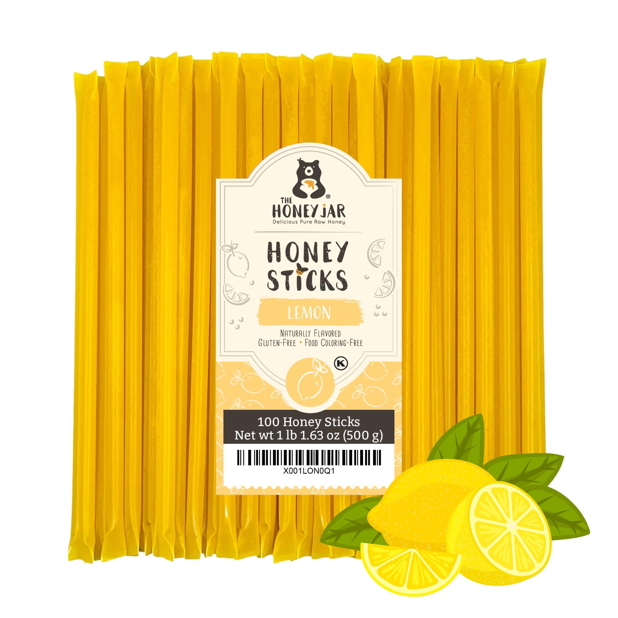 The Honey Jar front packaging showing 100 lemon honey sticks and easy portability benefit