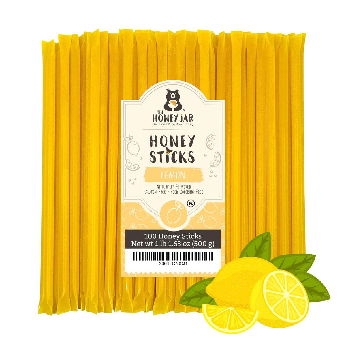 The Honey Jar front packaging showing 100 lemon honey sticks and easy portability benefit