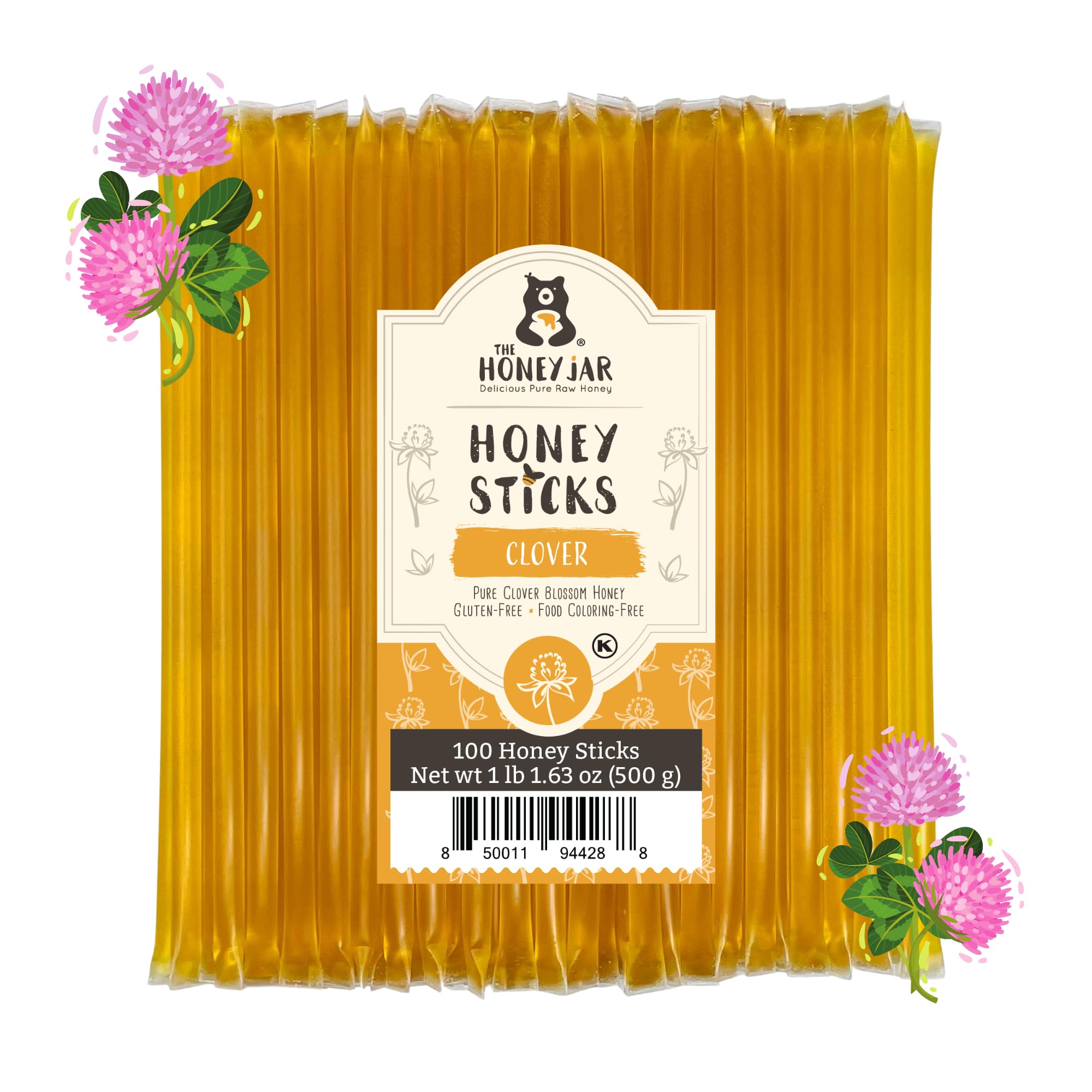 The Honey Jar front packaging showing 100-count plain honey sticks and convenience