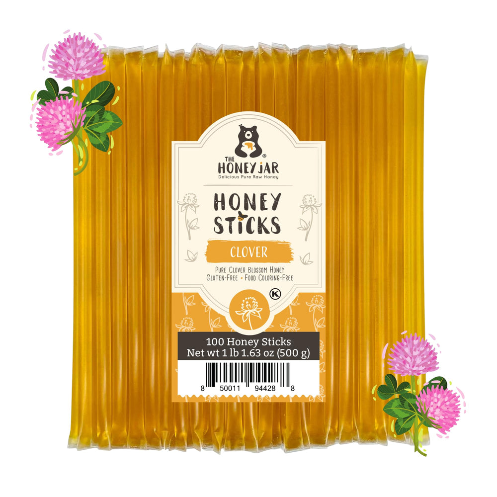 The Honey Jar front packaging showing 100-count plain honey sticks and convenience