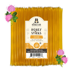 The Honey Jar front packaging showing 100-count plain honey sticks and convenience