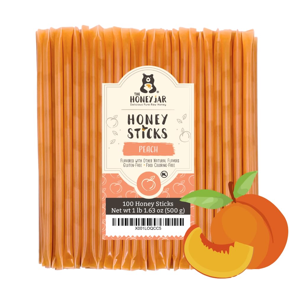 The Honey Jar front packaging showing 100-count peach honey sticks, convenient portioning benefit